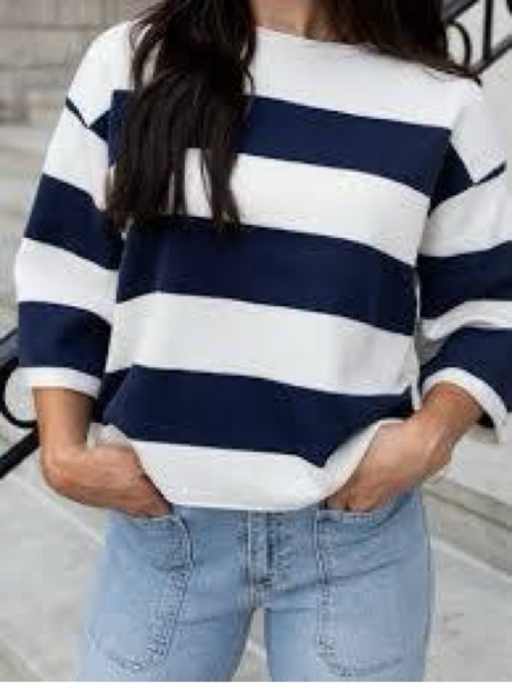 Striped Navy and White Boatneck Sweater by Cable & Gauge